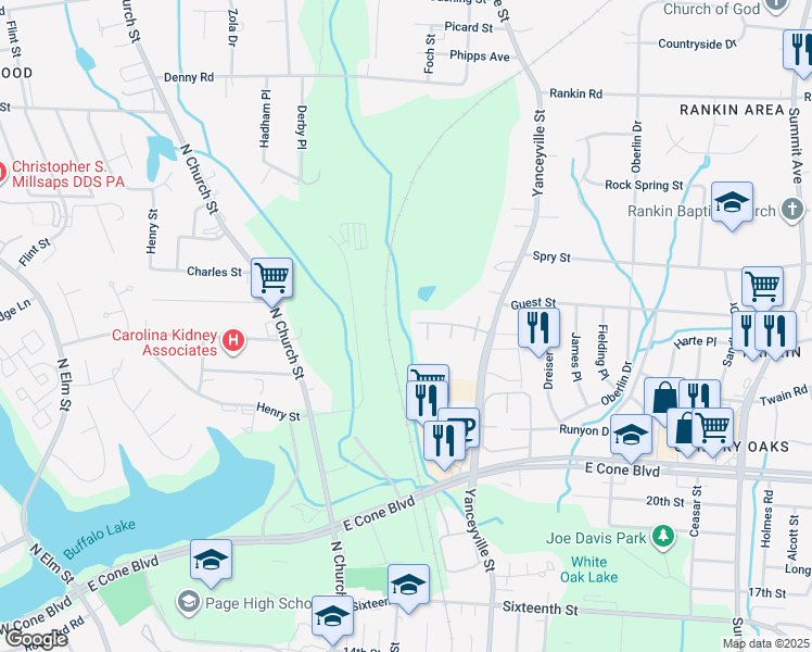 map of restaurants, bars, coffee shops, grocery stores, and more near 3227 Yanceyville Street in Greensboro