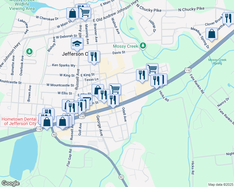 map of restaurants, bars, coffee shops, grocery stores, and more near 506 East Ellis Street in Jefferson City