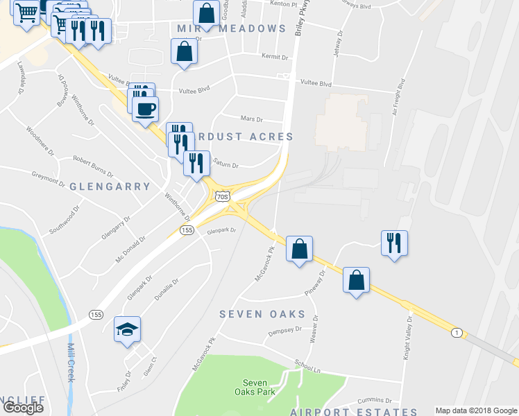 map of restaurants, bars, coffee shops, grocery stores, and more near 1274 Murfreesboro Pike in Nashville