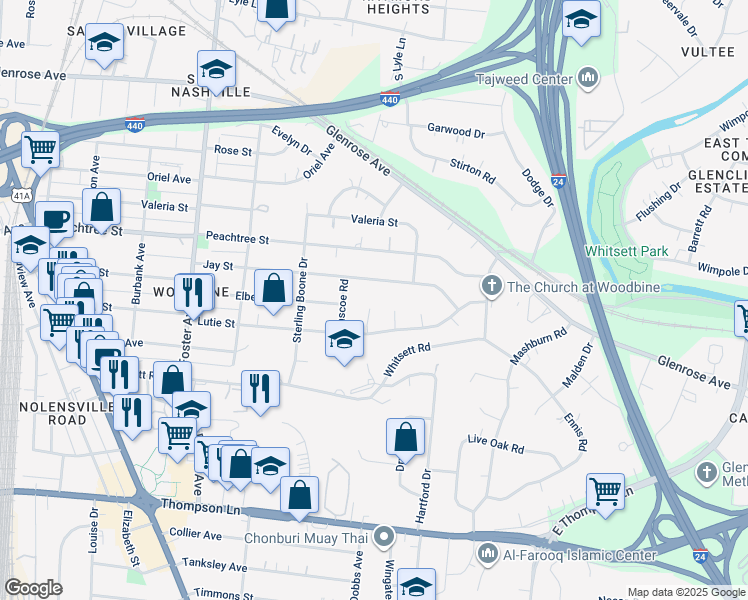 map of restaurants, bars, coffee shops, grocery stores, and more near 63 Jay Street in Nashville