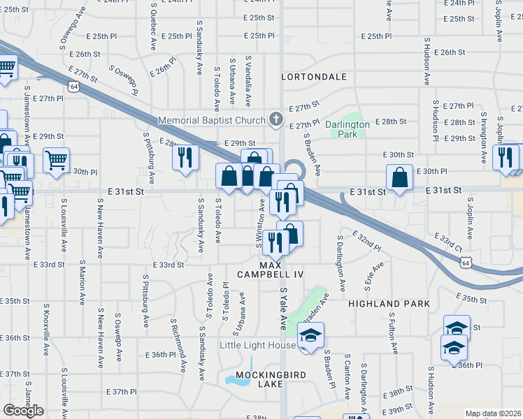 map of restaurants, bars, coffee shops, grocery stores, and more near 4802 East 31st Street in Tulsa