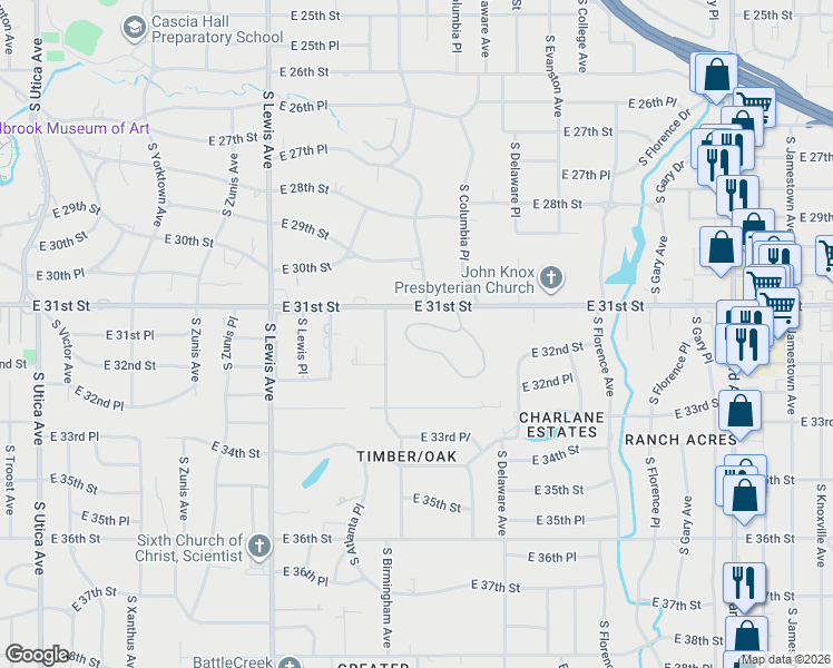 map of restaurants, bars, coffee shops, grocery stores, and more near 3105 South Columbia Circle in Tulsa