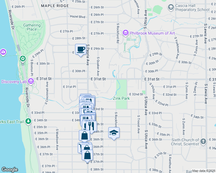 map of restaurants, bars, coffee shops, grocery stores, and more near 1416 East 31st Street in Tulsa