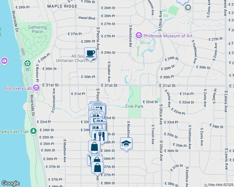 map of restaurants, bars, coffee shops, grocery stores, and more near 1416 East 31st Street in Tulsa