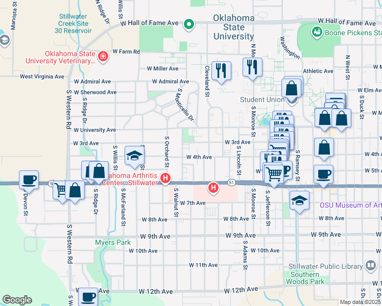 map of restaurants, bars, coffee shops, grocery stores, and more near 1501 West 3rd Avenue in Stillwater