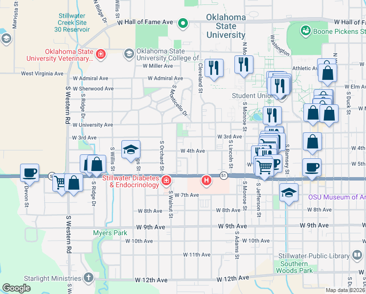 map of restaurants, bars, coffee shops, grocery stores, and more near 1501 West 3rd Avenue in Stillwater