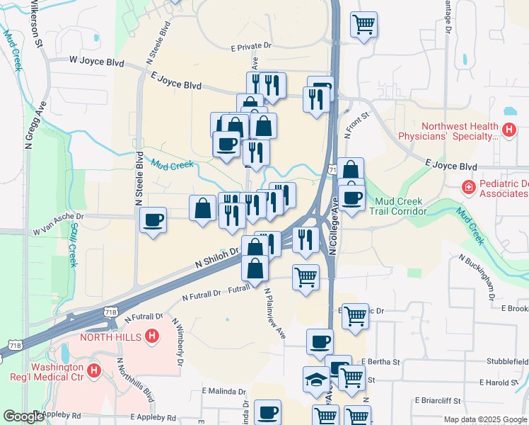 map of restaurants, bars, coffee shops, grocery stores, and more near 600 Van Asche Drive in Fayetteville