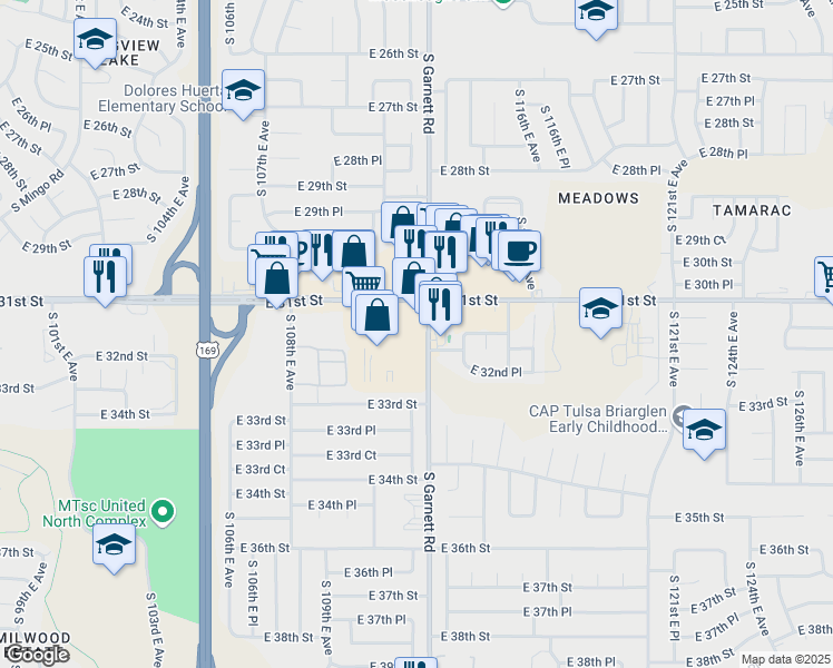 map of restaurants, bars, coffee shops, grocery stores, and more near in Tulsa
