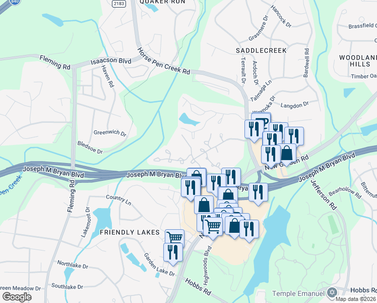 map of restaurants, bars, coffee shops, grocery stores, and more near 4429 Carly's Way in Greensboro