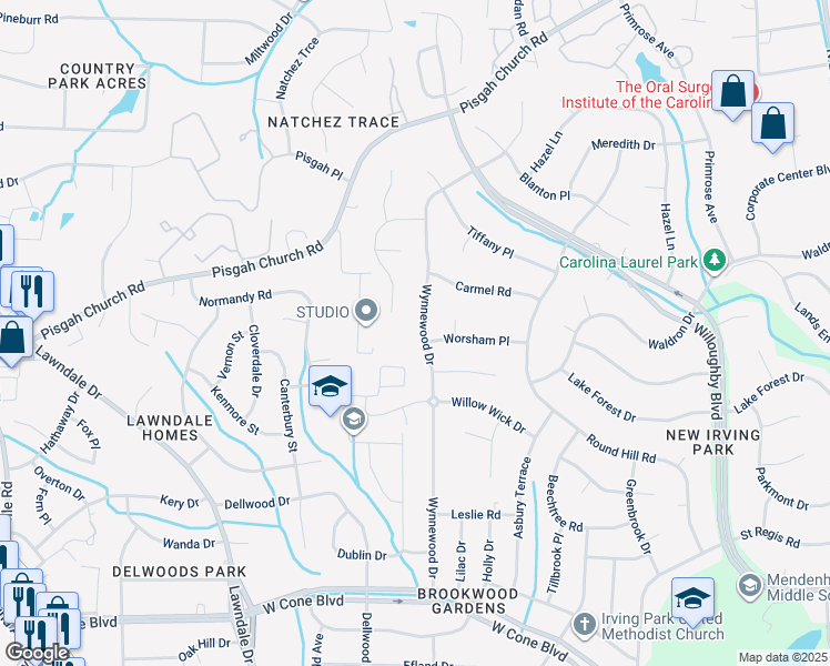 map of restaurants, bars, coffee shops, grocery stores, and more near 3287 Wynnewood Drive in Greensboro