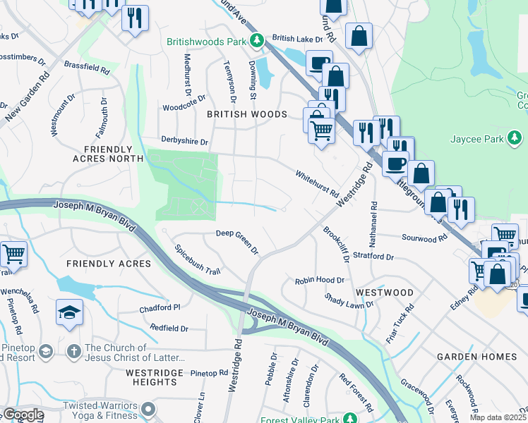 map of restaurants, bars, coffee shops, grocery stores, and more near 3415 Londonderry Drive in Greensboro