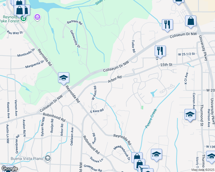 map of restaurants, bars, coffee shops, grocery stores, and more near 1140 East Kent Road in Winston-Salem