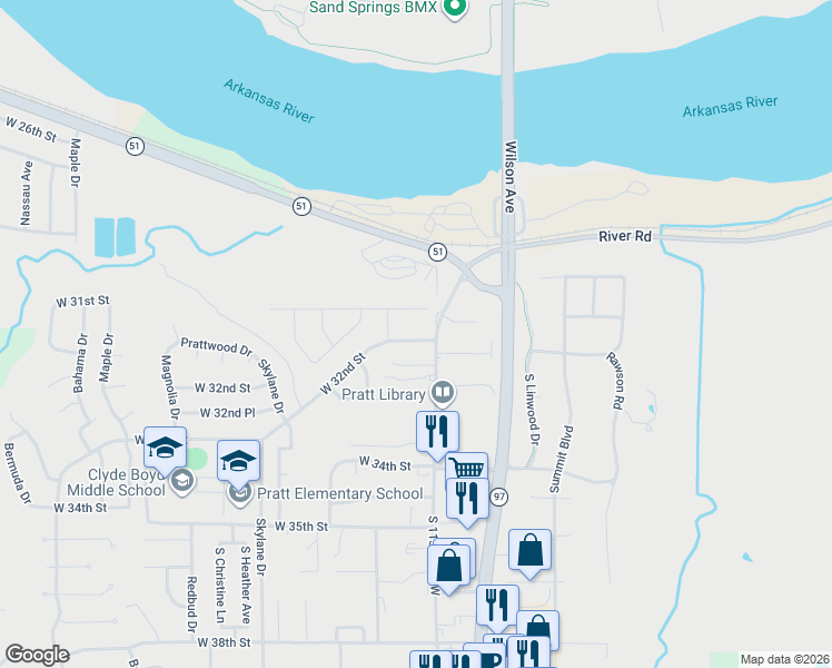 map of restaurants, bars, coffee shops, grocery stores, and more near 5 West 32nd Street in Sand Springs