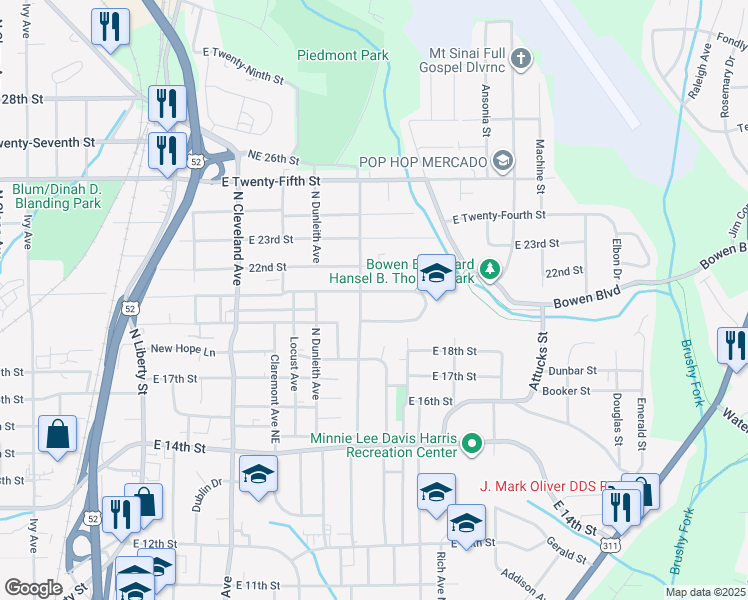 map of restaurants, bars, coffee shops, grocery stores, and more near 1613 Northeast Ashley School Circle in Winston-Salem