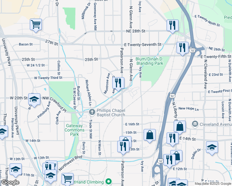 map of restaurants, bars, coffee shops, grocery stores, and more near 2325 Okalina Avenue in Winston-Salem