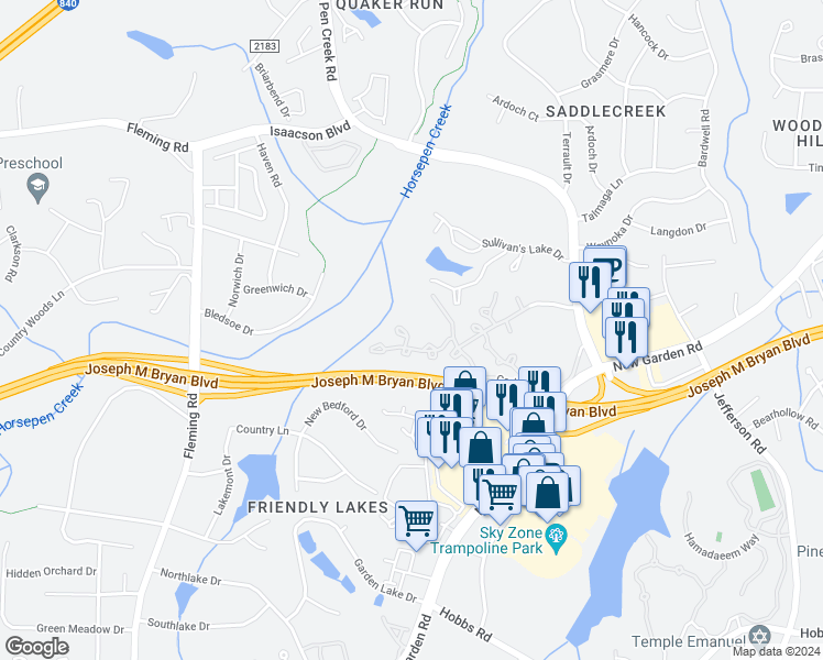 map of restaurants, bars, coffee shops, grocery stores, and more near 16 Meadow Crossing Court in Greensboro