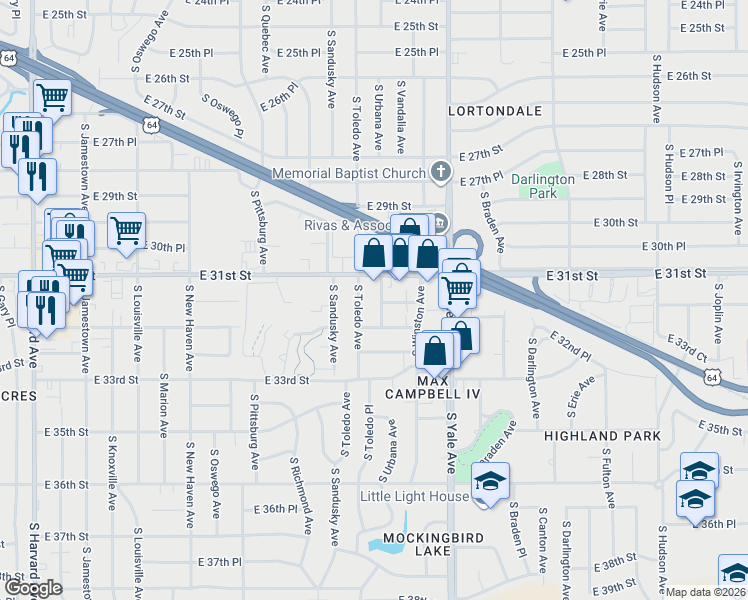 map of restaurants, bars, coffee shops, grocery stores, and more near 4606 East 31st Street in Tulsa