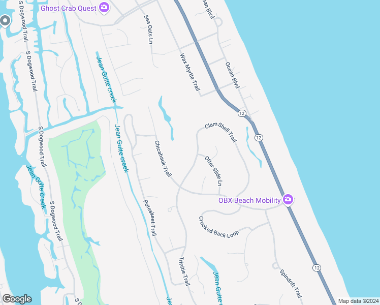 map of restaurants, bars, coffee shops, grocery stores, and more near 170 Clam Shell Trail in Kitty Hawk