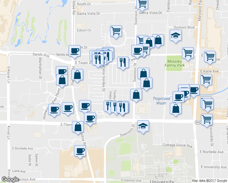 map of restaurants, bars, coffee shops, grocery stores, and more near 3925 Torsby Place in Las Vegas