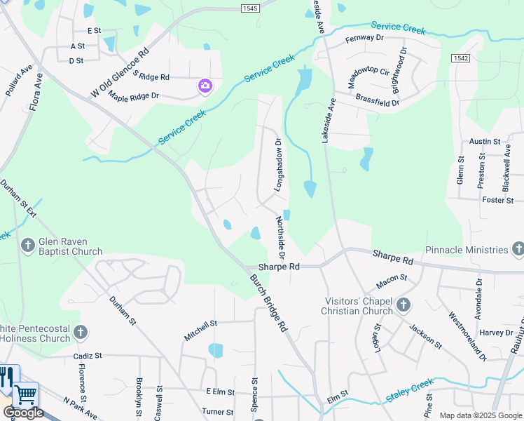 map of restaurants, bars, coffee shops, grocery stores, and more near 1607 Longshadow Court in Burlington