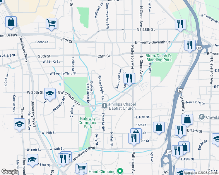 map of restaurants, bars, coffee shops, grocery stores, and more near 2328 Greenway Avenue Northwest in Winston-Salem
