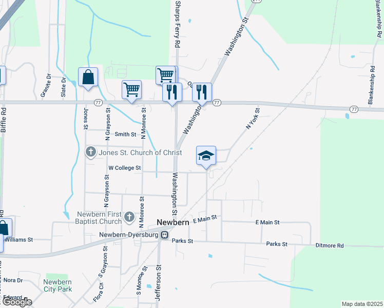 map of restaurants, bars, coffee shops, grocery stores, and more near 320 Washington Street in Newbern