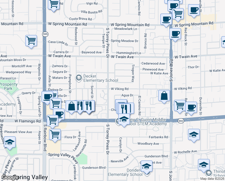 map of restaurants, bars, coffee shops, grocery stores, and more near 6454 West Viking Road in Las Vegas