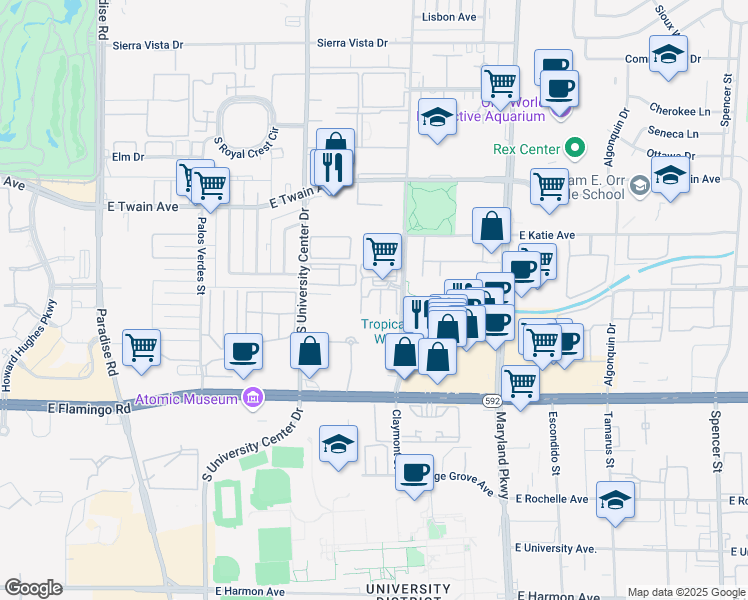 map of restaurants, bars, coffee shops, grocery stores, and more near 3907 Cambridge Street in Las Vegas