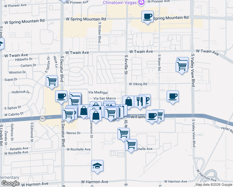 map of restaurants, bars, coffee shops, grocery stores, and more near 3917 Calle Mirador in Las Vegas