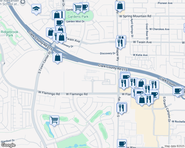 map of restaurants, bars, coffee shops, grocery stores, and more near I-215 West Beltway Trail in Spring Valley