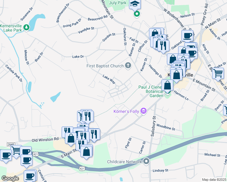 map of restaurants, bars, coffee shops, grocery stores, and more near 87 Geoffrey Way in Kernersville