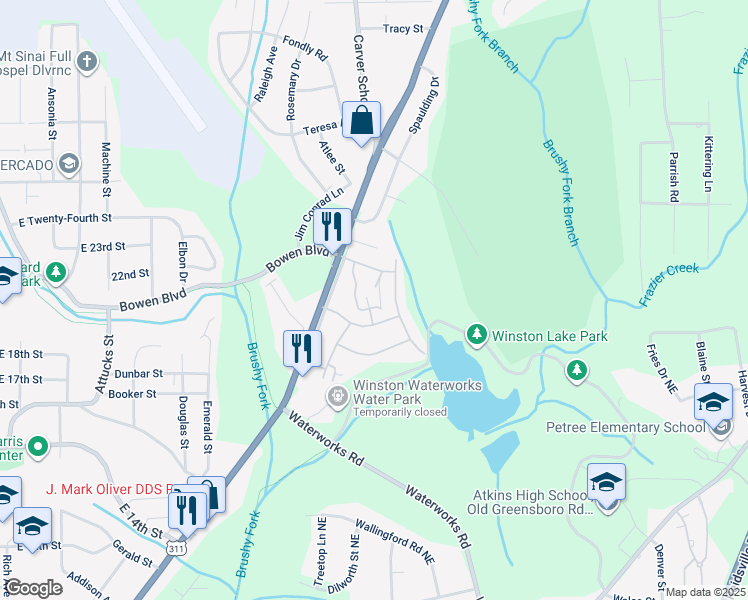map of restaurants, bars, coffee shops, grocery stores, and more near 301 Walkertown Avenue in Winston-Salem