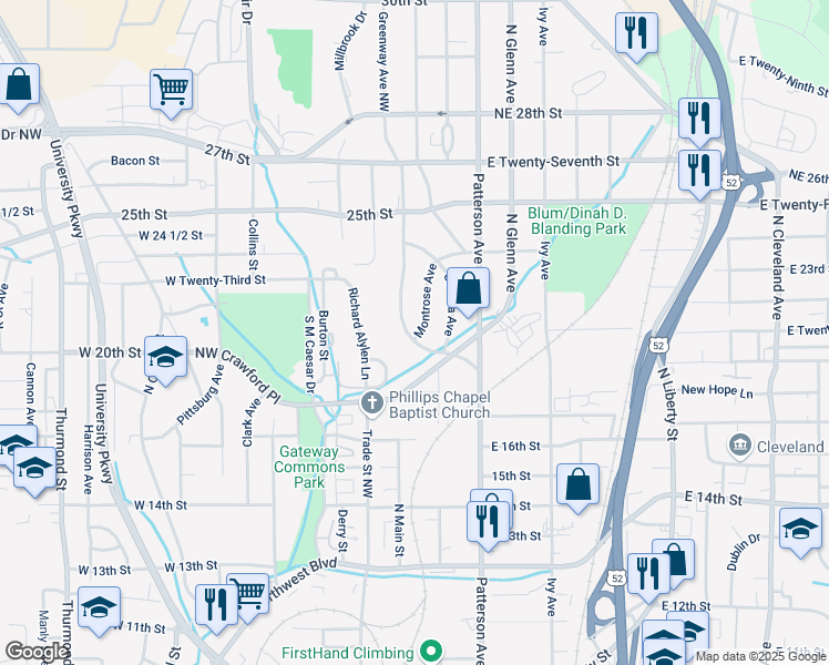 map of restaurants, bars, coffee shops, grocery stores, and more near 2324 Montrose Avenue in Winston-Salem