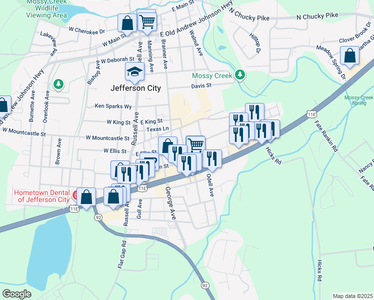 map of restaurants, bars, coffee shops, grocery stores, and more near 1607 Pearl Avenue in Jefferson City