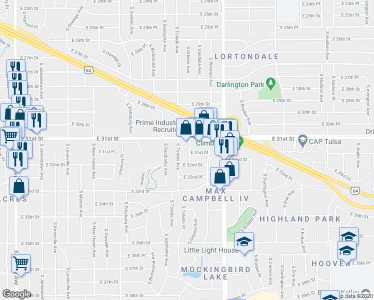 map of restaurants, bars, coffee shops, grocery stores, and more near 4606 East 31st Street in Tulsa