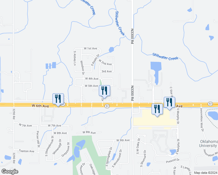 map of restaurants, bars, coffee shops, grocery stores, and more near 5010 West 5th Avenue in Stillwater