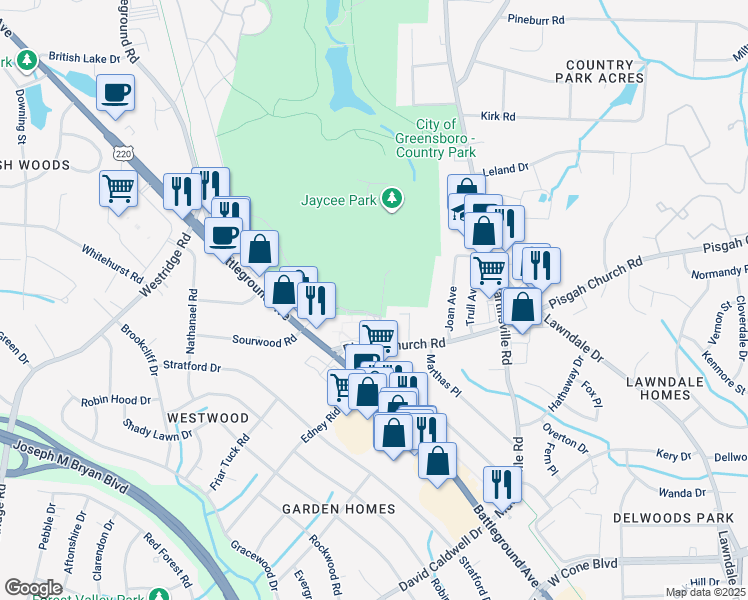 map of restaurants, bars, coffee shops, grocery stores, and more near 3110 Forest Lawn Drive in Greensboro