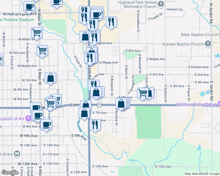 map of restaurants, bars, coffee shops, grocery stores, and more near 316 South Benjamin Street in Stillwater