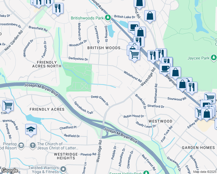 map of restaurants, bars, coffee shops, grocery stores, and more near 1718 Downing Street in Greensboro