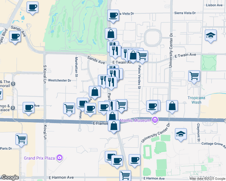 map of restaurants, bars, coffee shops, grocery stores, and more near 3903 South Paradise Road in Las Vegas