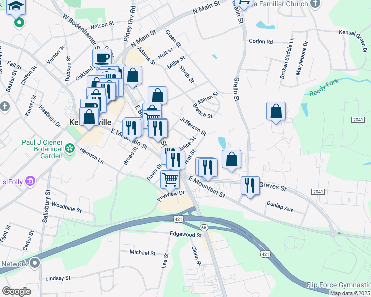 map of restaurants, bars, coffee shops, grocery stores, and more near 214 Justice Street in Kernersville