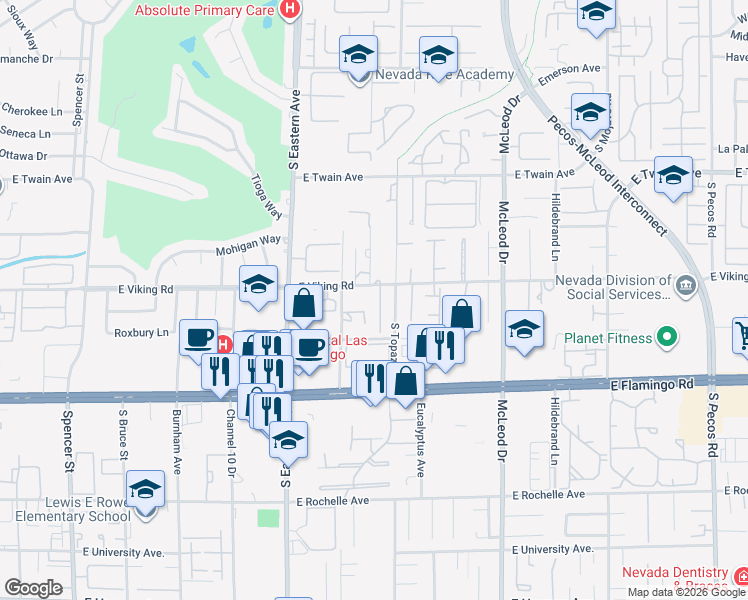 map of restaurants, bars, coffee shops, grocery stores, and more near 3935 Saddlewood Court in Las Vegas