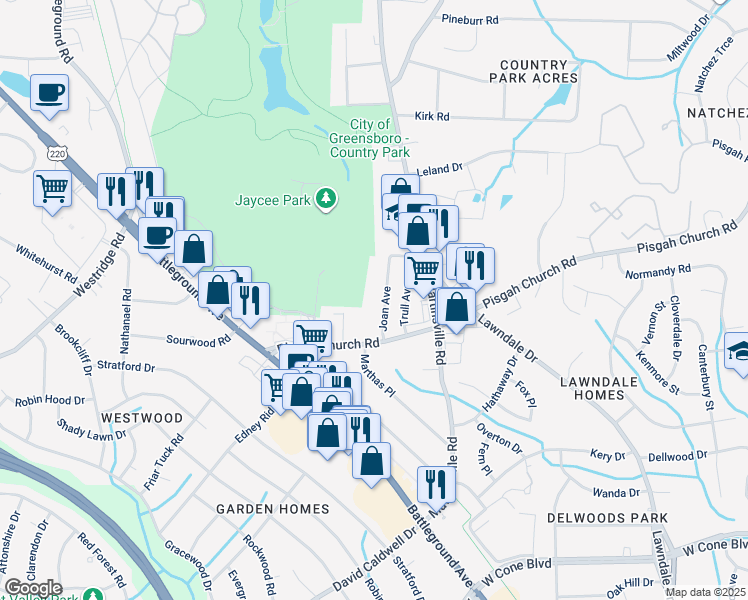 map of restaurants, bars, coffee shops, grocery stores, and more near 3015 Joan Avenue in Greensboro