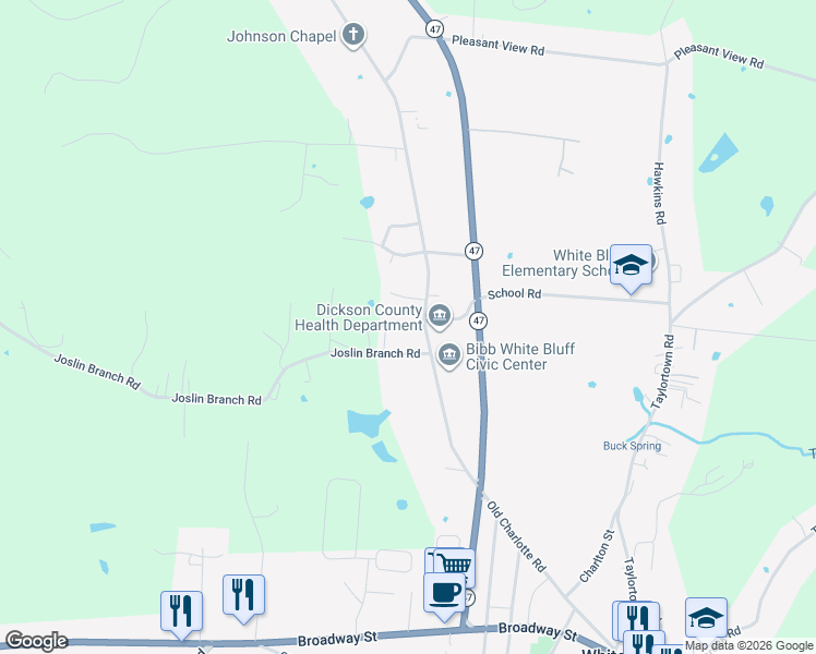 map of restaurants, bars, coffee shops, grocery stores, and more near 1107 Old Charlotte Road in White Bluff
