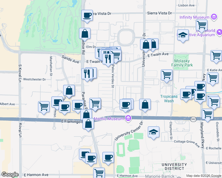 map of restaurants, bars, coffee shops, grocery stores, and more near 3892 Palos Verdes Street in Las Vegas