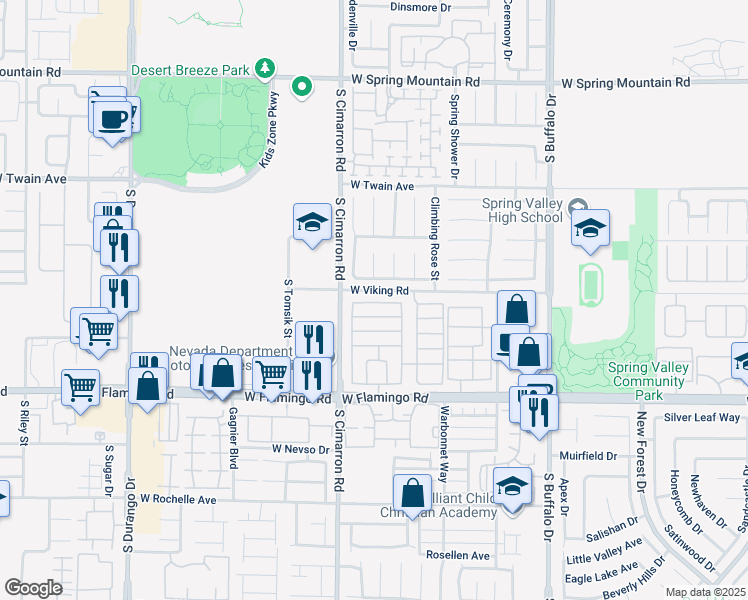 map of restaurants, bars, coffee shops, grocery stores, and more near 8161 Petunia Flower Way in Las Vegas