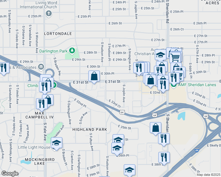 map of restaurants, bars, coffee shops, grocery stores, and more near 5717 East 32nd Street in Tulsa