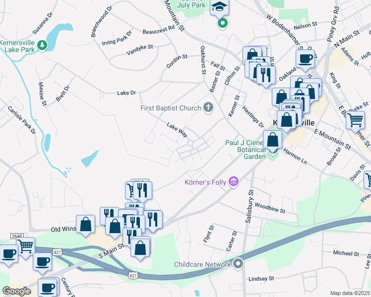 map of restaurants, bars, coffee shops, grocery stores, and more near 87 Geoffrey Way in Kernersville