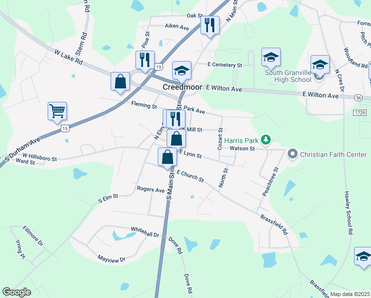 map of restaurants, bars, coffee shops, grocery stores, and more near 103 West Lyon Street in Creedmoor