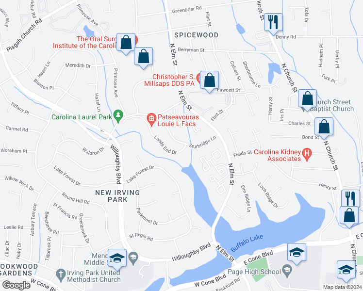map of restaurants, bars, coffee shops, grocery stores, and more near 21 Sturbridge Lane in Greensboro